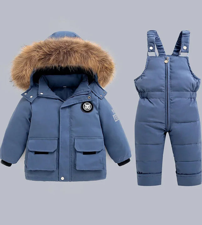 Kids’ Winter Down Snowsuit – 2-Piece Hooded Jacket & Overalls Set